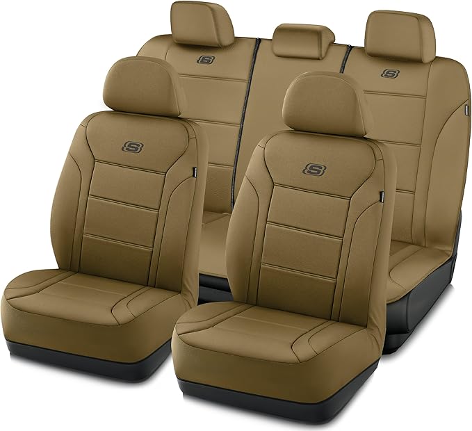 Skechers Memory Foam Car Seat Covers, Lycra Fabric Seat Covers, Seat Cover Full Set Airbag Compatible, Automotive Comfort Protection for Most Cars,Trucks, SUVs, All Brown