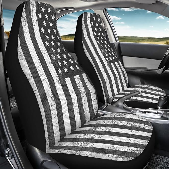 ELEQIN Patriotic American Flag Print Front Seat Cover 2 Pcs,Classic Black White Universal Vehicle Seat Protector Mat Covers, Fit Most Cars, Sedan, SUV, Van Truck