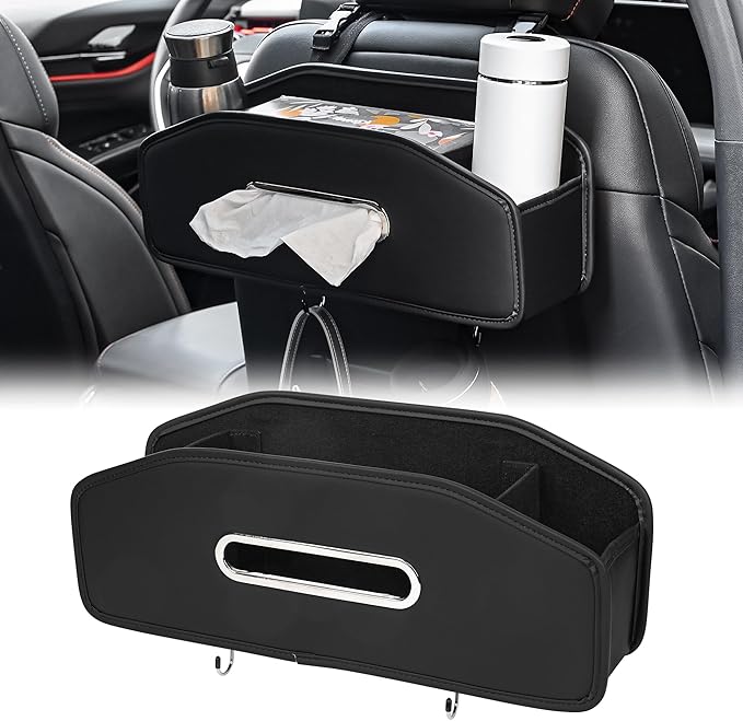 JEYODA Car Seat Back Organizer with 2 Drink Cup Holder,Car Tissue Holder and Storage Box Hook, 3 in 1 Multifunctional Storage for Food Drink Phone, Travel Accessories (Black)