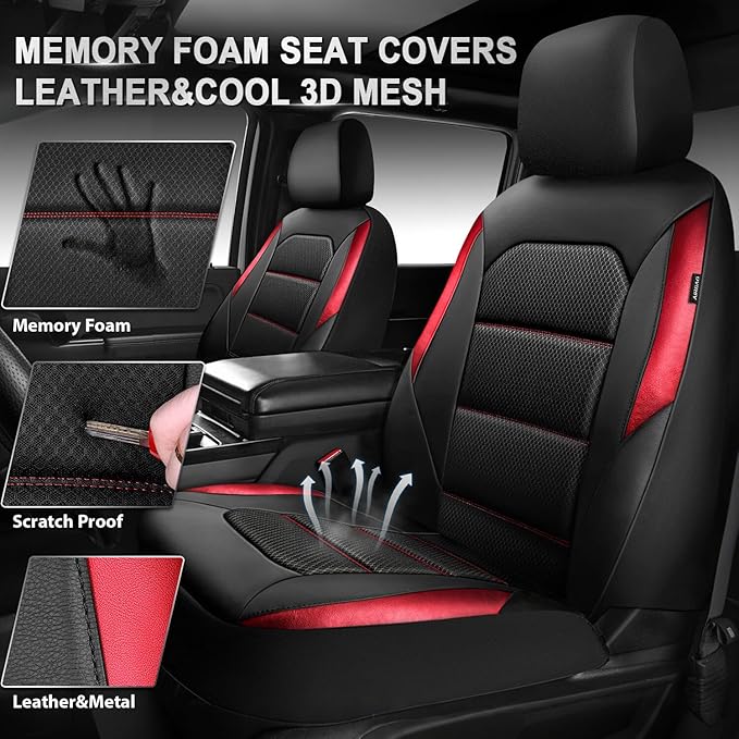 CAR PASS Memory Foam Leather Seat Covers,Air Cool Mesh Thick Car Seat Covers Front Seats Red Leather Seat Covers for Cars Universal for SUVs Trucks,Airbag Compatible Comfort Durable,Black Red Metal