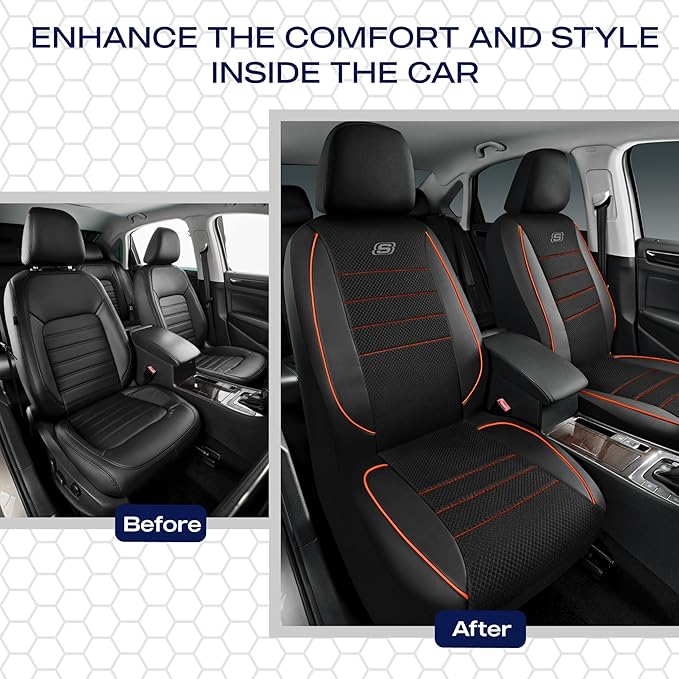 Skechers Air-Cooled Memory Foam Seat Covers,Mesh Thick Car Seat Covers,Piping Leather Car Seat Covers Front Seats,Airbag Compatible,Automotive Comfort Universal FitMost Cars,Vans,Truck,SUV,Orange
