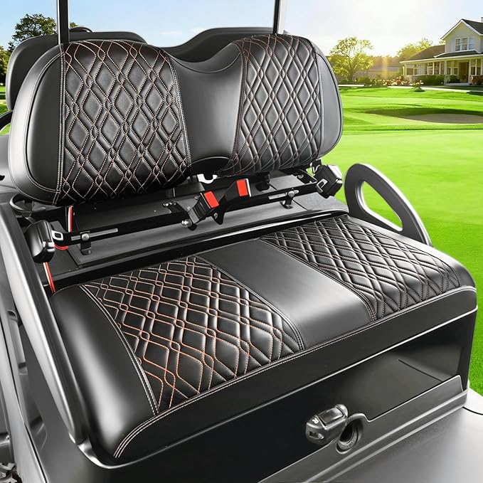 DRIVE UP Golf Cart Diamond Seat Covers Fit for Club Car Precedent, Black Diamond Cross Leather Club Car Seat Covers with Diamond Cross Pattern, Black with Brown Stitching, Wear-Resistant, Waterproof