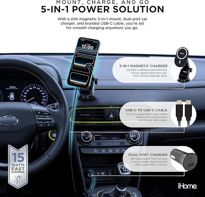 iHome 5-in-1 Complete Car Charging Kit, 15W MagSafe Charger, Dual Port Adapter, Mounts & Cable
