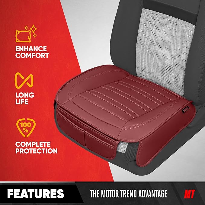Motor Trend Faux Leather Front Seat Cover for Cars - Set of 2 Burgundy Front Car Seat Covers for SUV & Truck with Storage Pockets - Automotive Car Seats Cover Protector - Bottom Cushion Coverage Only