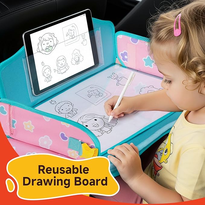 MENZOKE Car Seat Tray with 2 Removable Castle Towers, Carseat Tray for Toddler Girls Gifts Age 4–5, Kids Travel Tray for Kids,Foldable Snack Table with Storage Pockets for Road Trip,Pink & Green