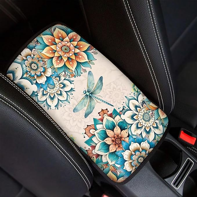 JoyLamoria Boho Dragonfly Flower Vehicle Center Console Cover Armrest Cover Pad Universal Fit Soft Comfort Center Console Armrest Cushion for Car Truck SUV