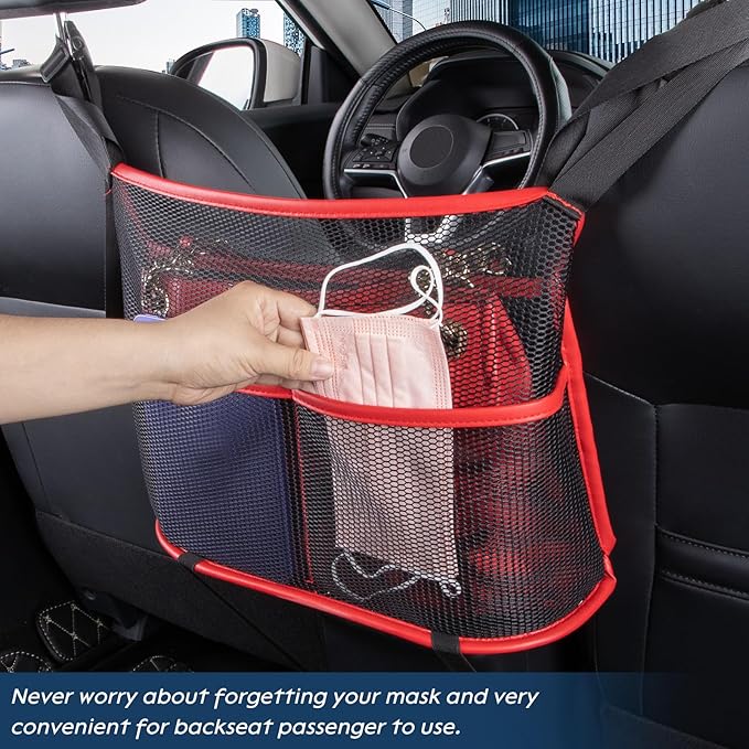 eing Car Seat Organizer Seat Back Storage Bag, Car Net Pocket Handbag Holder, Barrier of Backseat Dog Pet Kids for Car, Automotive Consoles Purse Holder, Black+Red Line