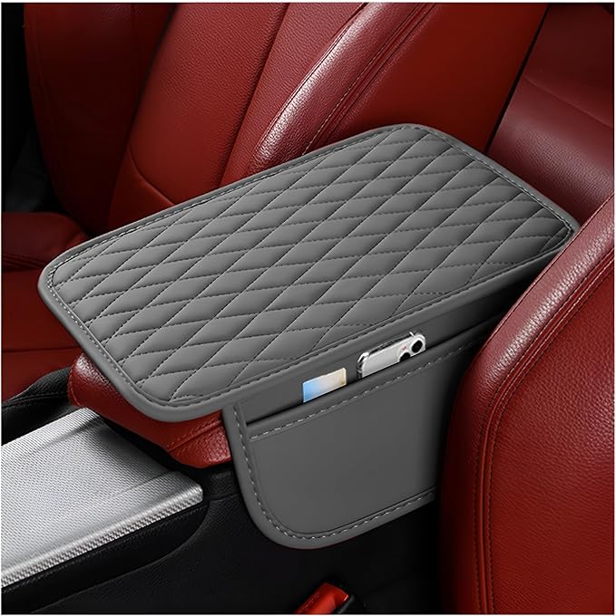 Car Center Console Cover, Leather Vehicle Armrest Seat Box Cushion Pad with Storage Bags, Waterproof Automotive Middle Console Protector, Universal for SUV RV Truck (Gray)