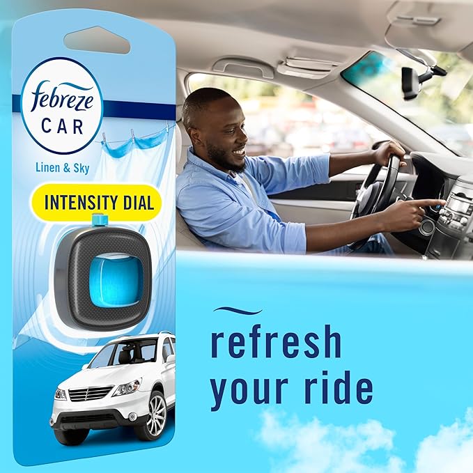 Febreze Car Air Freshener, Odor-Fighting Automotive Vent Clip, Scented Car Accessories, Long Lasting for Strong Odors, Linen & Sky Scent, 4 Count