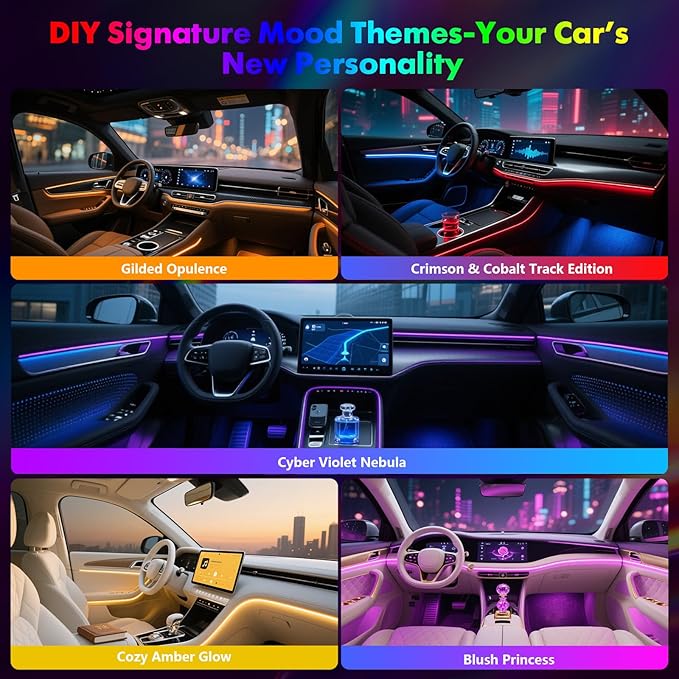 Upgraded Dreamcolor Acrylic Car Interior Lights RGB LED Strip Lights APP Control Zoned Control System 252 Color Modes DIY Fiber Optic Ambient Lighting Kits 2 in 1 Music Car Neon Lights