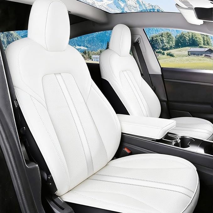 AOMSAZTO Car Seat Cover Fit for Tesla Model Y 2020 2024 - Half Surrounded Customized White Seat Covers(White with Stripe)