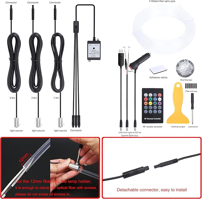 Car Ambient Lighting Optic Fiber 8 Colors Music Sound Active with RF Remote Control Car Decorative Atmosphere Lighting Kit DC 12V 1W 4m