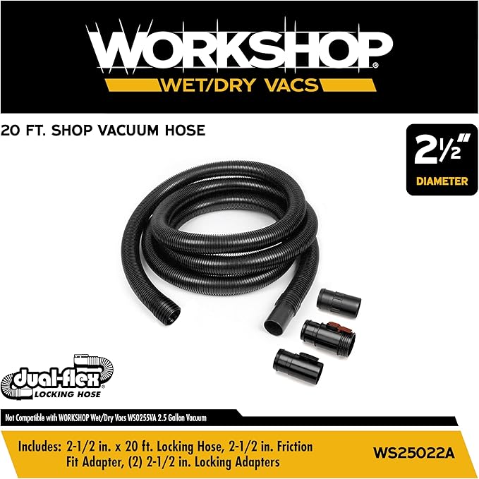WORKSHOP Wet/Dry Vacs Shop Vacuum Accessories WS25022A Extra Long Hose Attachment, 2-1/2-inch x 20-feet Locking Hose for Wet Dry Shop Vacuum Cleaners