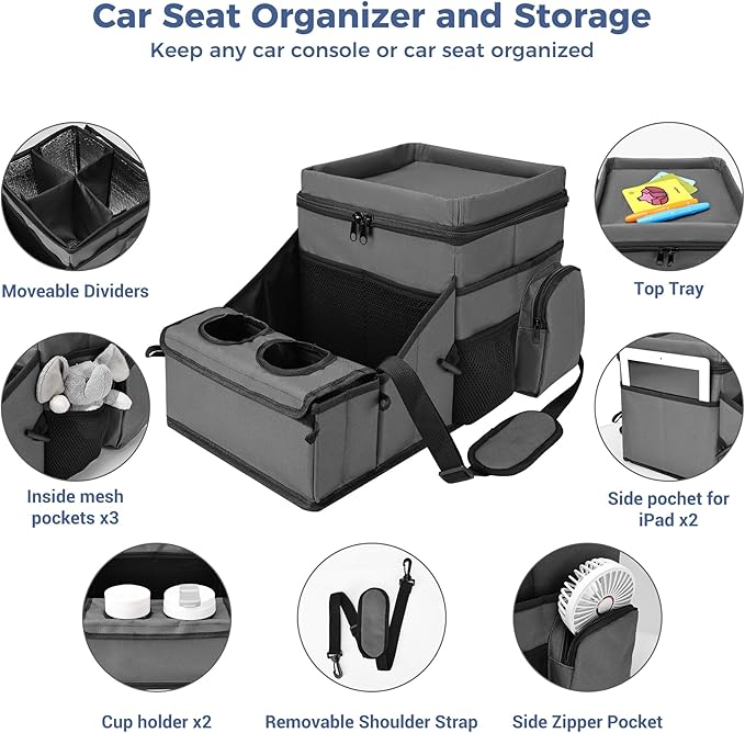 COOLBEBE Car Seat Organizer, Backseat Car Organizer with Cup Holders for Kids and Adults Travel, Cooler Compartment Passenger Seat Organizer Storage Box for Front or Middle Seat, Grey