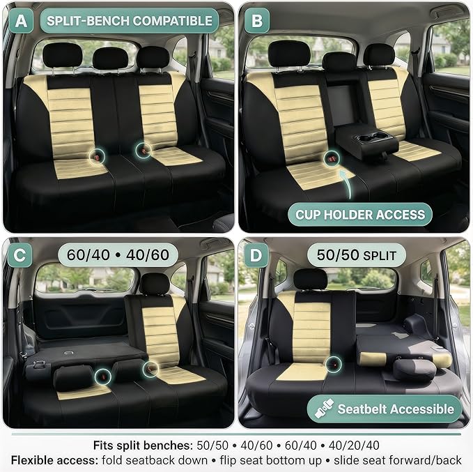 FH Group Automotive Car Seat Covers Rear Set Premium 3D Air Mesh Seat Covers, Airbag Compatible and Split Bench Cover Universal Fit Interior Accessories for Cars Trucks and SUVs - Beige