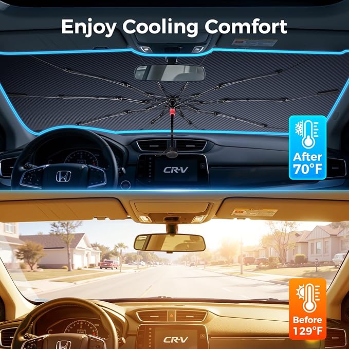 Upgraded Windshield Sun Shade Umbrella – Thickened Silver Titanium Coating, UV Protection for Car Front Window, Block Sun Rays & Keep Interior Cool, Reinforced Spring Edge, Universal Fit, 56"L x 31"W