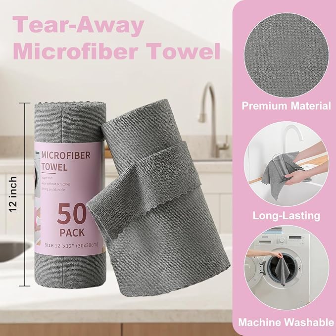 Jessy Home 2 Roll Reusable Paper Towels,100 Sheets Tear Away Microfiber Cleaning Cloth, Lint Free Cleaning Rags for Kitchen, Dishcloth,Household Cleaning Supplies