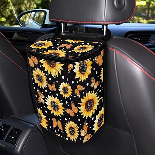 Sunflower Butterfly Car Trash Can Auto Garbage Bag with Lid Leak-Proof Car Storage Bag Garbage Bag Hanging for Headrest Portable Vehicle Backseat Organizer