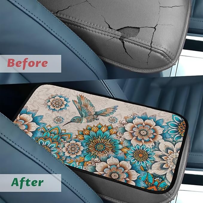 Hummingbird Armrest Cover for Car Elastic Car Center Console Cushion Pad Full Coverage Mandala Interior Accessories Prevent Scratching Universal Size Seat Arm Rest Cover