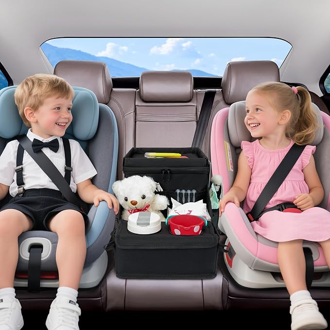Backseat Organizer for Kids and Passenger Seat Organizer for Adults - Car Seat Cooler and Warmer with Cup Holders and Convertible Tray Lid(Black)