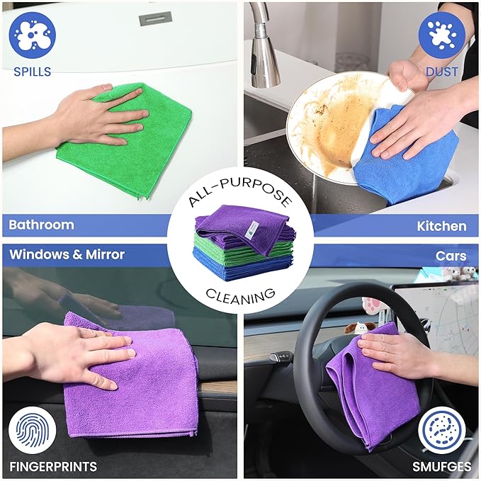 Microfiber Cleaning Cloths-12 Pack,Microfiber Towels for Cars & Kitchen,Highly Absorbent Cleaning Towel,Lint Free Streak Free Rags for House,Window,Purple,Green,Blue(16"x16")