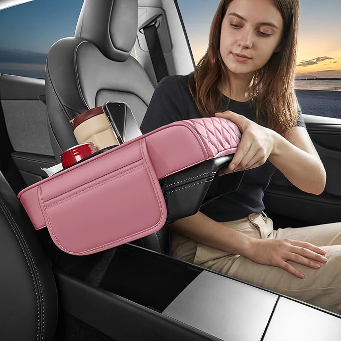 5 in 1 Car Center Console Cover, Armrest Pad with 2 Storage Pockets, Cup Holder, Tissue Box Slot, Phone Holder, Universal Car Interior Organizer (Pink)