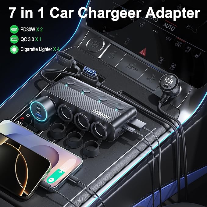 Cigarette Lighter Splitter Adapter, 216W 4 Socket Car Heavy Duty Truck Cigarette Lighter Plug Multi Port with PD30W/QC3.0 Charge USB C 12V/24V Car Plug Outlet Splitter with Independent Switches