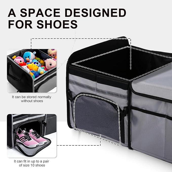 SugarFox Bold Color Block Trunk Organizer | 95L, 35"x13.8"x11.8" | Dedicated Shoe Storage & 26L Ice Pack | Foldable for SUV/Car/Jeep | Car Accessories for Men & Women - Gray-X212