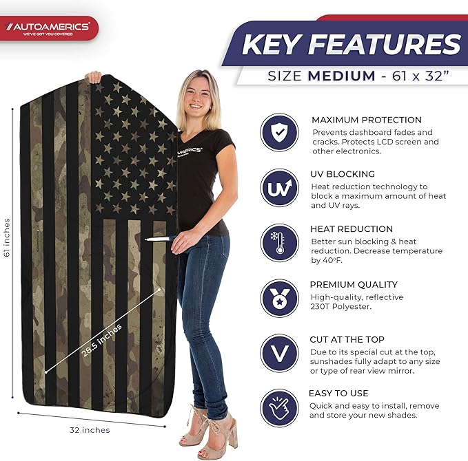 Autoamerics 1-Piece Windshield Sun Shade Dark Camo American Flag USA Design - Foldable Car Front Window Sunshade for Most Sedans SUV Truck - Blocks Max UV Rays and Keeps Your Vehicle Cool - Medium