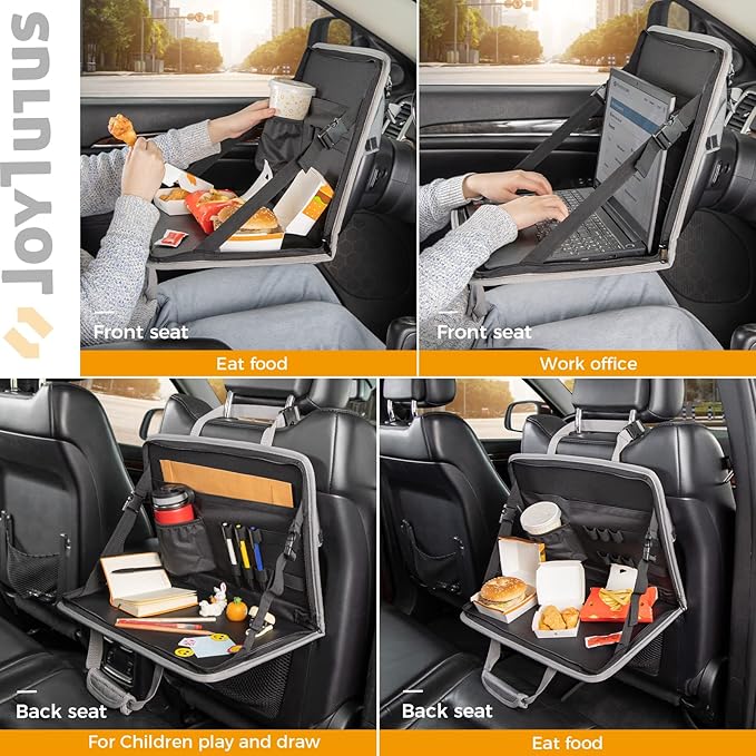 JOYTUTUS 3 in 1 Steering Wheel Eating Tray (Gray), Car Back Seat Laptop Desk, Multifunctional Office Bag, Car Work Table for Writing, Car Organizer for Kids, Commuters, Family