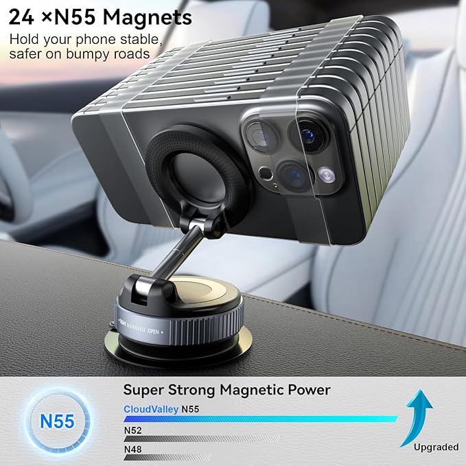 CloudValley Magnetic Car Phone Mount, [Compatible with MagSafe] 360° Adjustable Foldable Holder for Dashboard, 80LBS Suction & 2800gf Magnet, Car Accessories for iPhone 17/16 Pro Max 15 14, Black