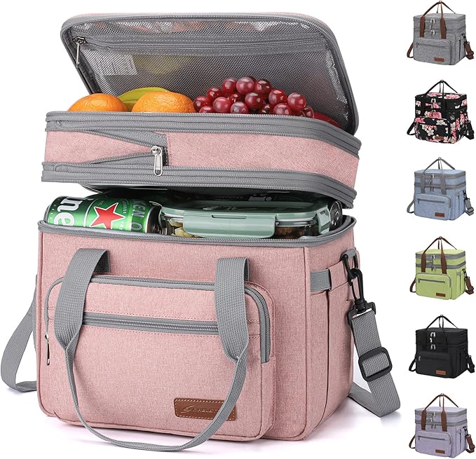 Maelstrom Lunch Box, 23L Insulated Lunch Bag, Expandable Double Deck Cooler Bag, Lightweight Leakproof Tote Bag With Side Tissue Pocket, Suit For Men and Women (E. Pink)