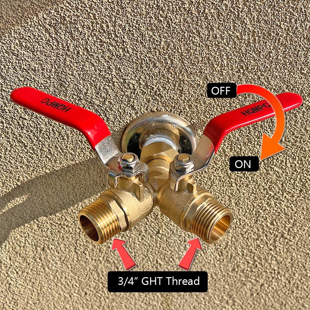 HQMPC Garden Hose Y Valve Hose Splitter Brass Hose Splitter With Stainless Steel Long Handle Brass Y Valve Water Garden Hose Adapter 2 Way Y Valve 3/4" GHT Thread