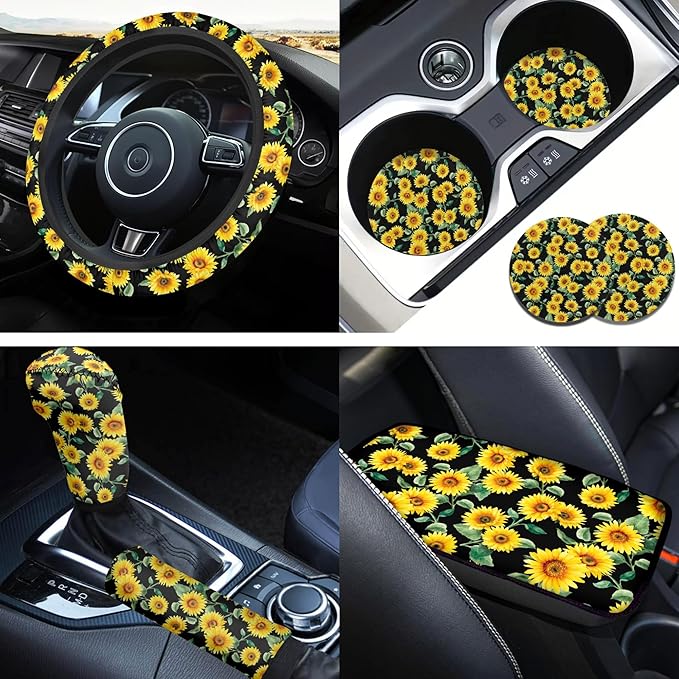 Sunflower Print Car Steering Wheel Covers Set Men Women Car Interior Accessories 6 Pcs Cup Coaster Handbrake Gear Cover Fit for SUV Truck Sedan