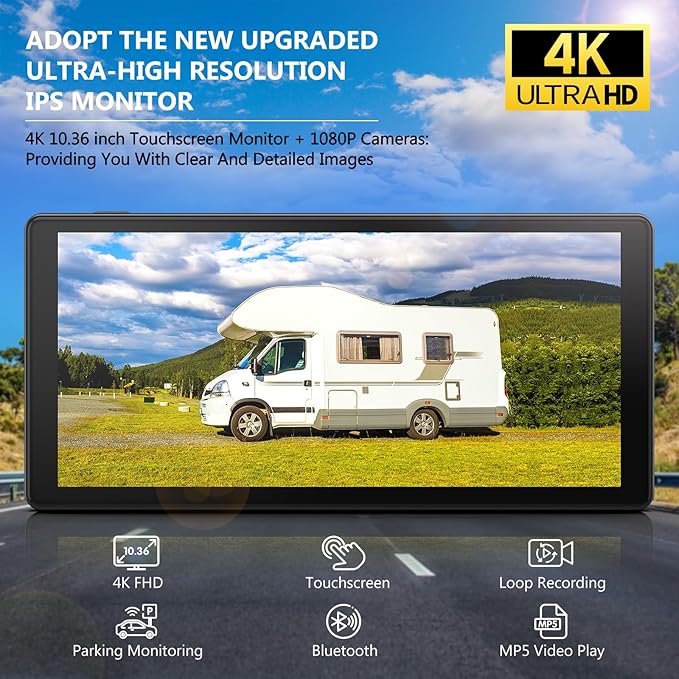 4K RV Backup Camera System 10.36" Quad Split Touchscreen Monitor 4 1080P HD Rear View Cameras DVR Recording Bluetooth Music USB Video Play IP69 Waterproof Night Vision for Trailer RV Truck etc