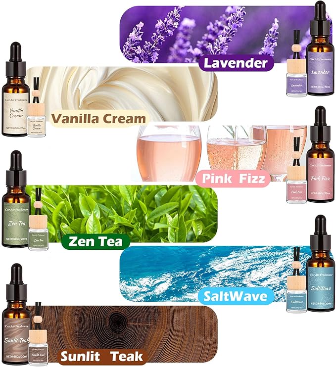 12 Pack Car Air Freshener Refills, 6-Scent Hanging Air Freshener Diffuser Set - Each(8ml +20ml Refill), Essential Oil Diffuser with Refill Bottles, Reusable Car Fragrance Decor Accessories