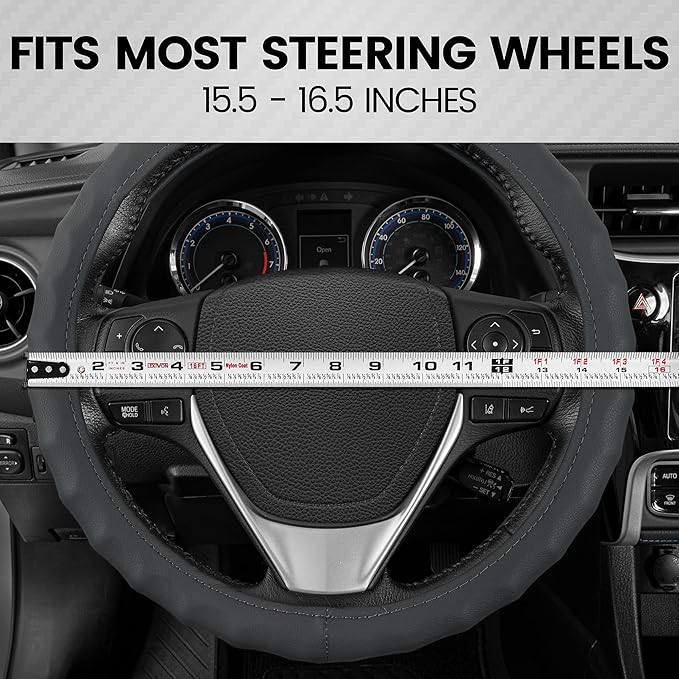 BDK Genuine Gray Leather Steering Wheel Cover for Car, Large 15.5-16 inch – Ergonomic Comfort Grip for Men & Women, Car Steering Wheel Cover for Vehicles with Large Steering Wheels