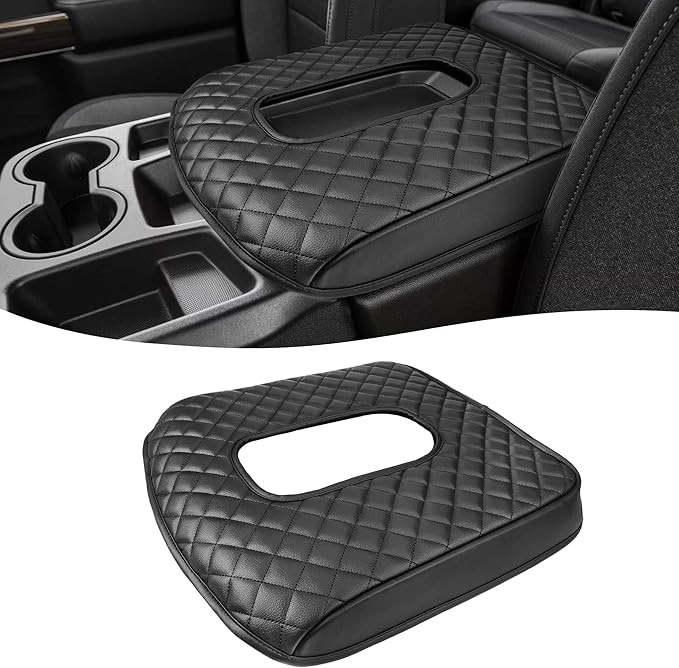 KBH Center Console Armrest Cover for GMC Sierra & Chevy Silverado 1500 2500 3500 2019-2026, Middle Console Lid Protector, Middle Cut, Vinyl Leather, Black (Fits Jump Seat Console Only)