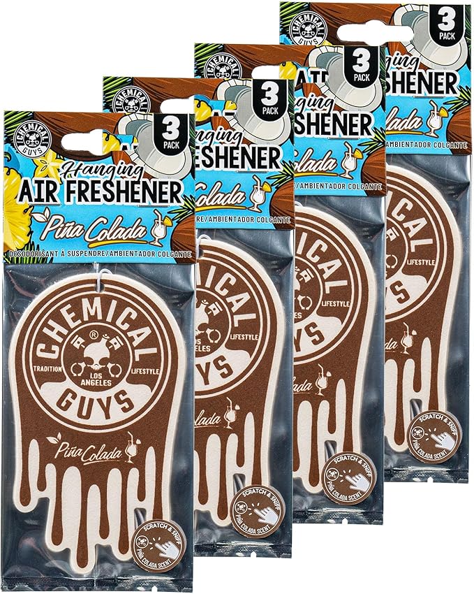 Chemical Guys Car Fresheners, Hanging Air Fresheners - Pina Colada Scent for Cars, Trucks, SUVs, RVs, Home, Office, Work, Dorm Room, & More - 12 Pack