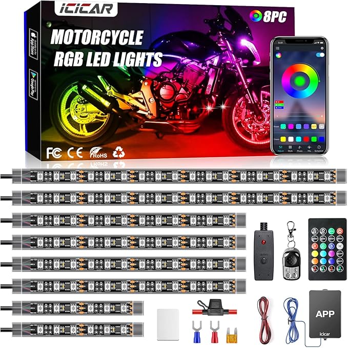 Motorcycle LED Underglow Kit, icicar 8 Pcs APP/RF Control Multicolor Motorcycle LED Light Kit with Brake Turn Signal, IP68 Waterproof & Music Sync Ambient Light for Motorcycles