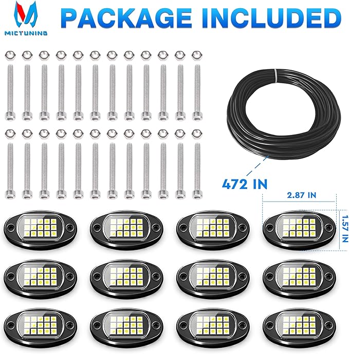 MICTUNING 2026 Upgraded White Rock Lights Super Bright Underglow Lighting Kit - 180 LEDs 12 Pods Pure White Led Rock Light, Extensible Underbody Lights for Trucks ATV UTV Boat