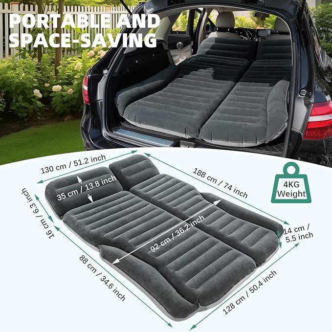 KMZ SUV Air Mattress Double Sided Thickened Flocking Car Bed – Portable Inflatable Mattress Pad for Camping & Travel with 2 Pillows & Electric Pump (Green+Light Gray)