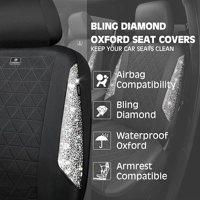 CAR PASS Oxford Bling Diamond Car Seat Covers 2 Front Interior Sets, Waterproof Shining Glitter Sparkly Crystal Universal Armrest Fit 95% Automotive Truck SUV Cute Women Girl, Black Silver Rhinestone