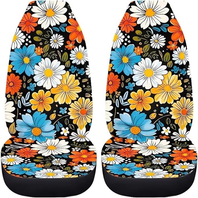 BIGCARJOB Hippie Daisy Car Seat Cover Set for Front Seat Only,2 Pack Blossom Flower Printed Auto Front Seat Protector Saddle Blanket for Women Girly Car Interior Accessories
