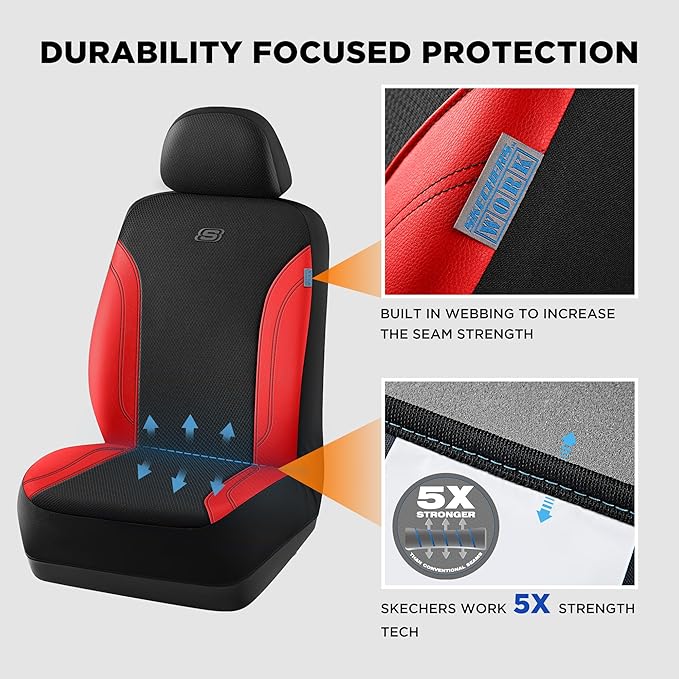 Skechers Car Seat Covers, Work Leather Seat Covers 5-Times Stronger Built-in Webbing, Oxford Fabric Front Seat Cover, Airbag Compatible, Automotive Comfort for Cars, Trucks, SUVs,Red