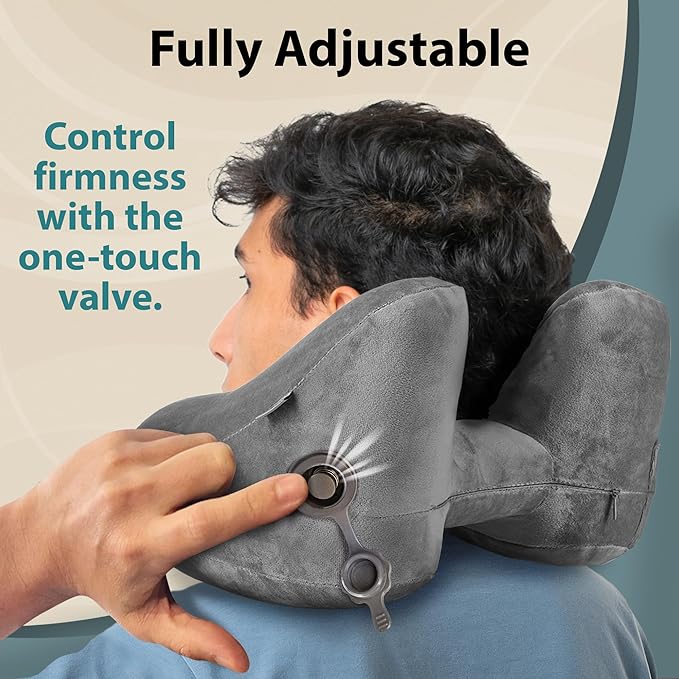 FLOWZOOM Air Inflatable Neck Pillow for Traveling on Plane - H-Shape Hooded Travel Pillow with 5 Snooze Modes, Fast Inflation, Pressure Control, Cozy Clip-On Hood & Plushy Cover - Size L, Silver Gray