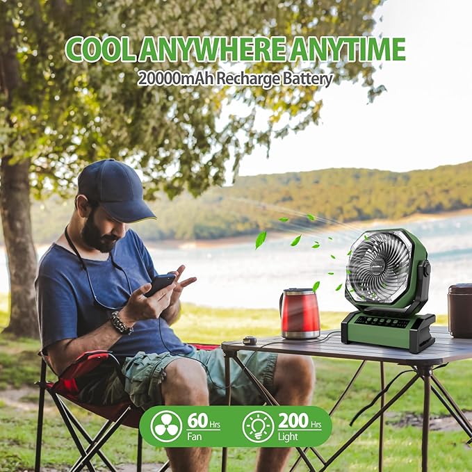 AddAcc 20000mAh Rechargeable Camping Fan - Battery Operated Fan with Light & Remote, Auto Oscillating, 4 Timer, 60 Hrs Work Cordless Tent Fan for Travel Outdoor RV Garage Power Outage Emergency