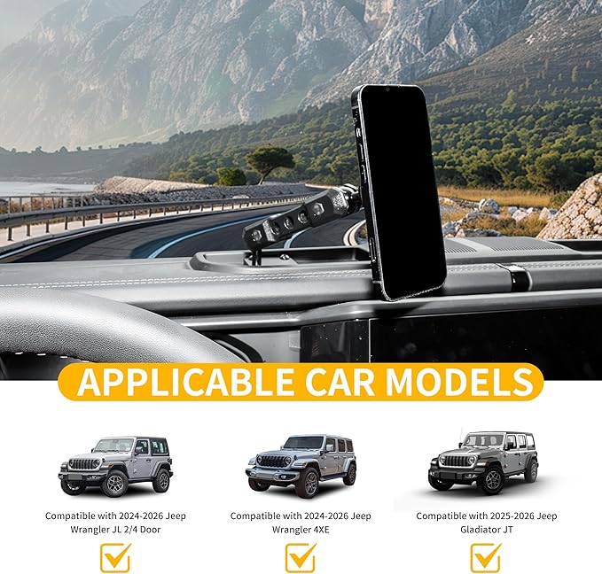 Magnetic Phone Mount Holder for 2024-2026 Jeep Wrangler JL 4XE Gladiator JT, for Magsafe iPhone 12-17 Series Accessories, 360° Adjustable, One-Hand, Off-Road Stable, No Darill Easy to Install