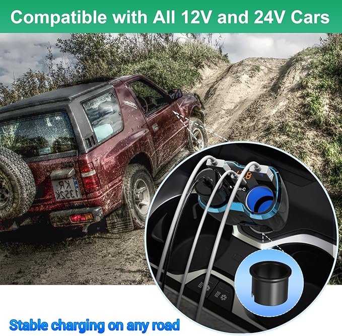 Cigarette Lighter Splitter: USB C 12V Car Charger Adapter 2 Socket Type C Multi 12 Volt Power Outlet 24V DC 80W with LED Voltmeter Switch 6.3A Dual USB Port for Mobile Cell Phone GPS Dash Cam
