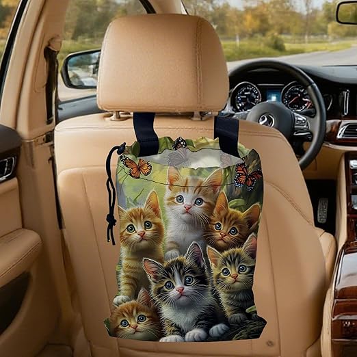 Cute Cats with Butterfly Car Trash Bag, Hanging Drawstring Car Garbage Bag,Canvas Car Back Seat Organizer with Adjustable Buckle for Men and Women